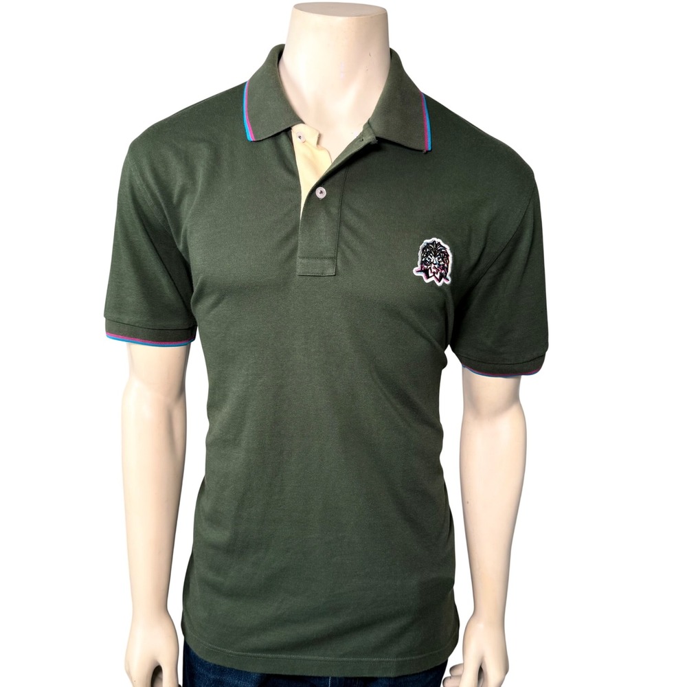 Maceoo Polo Shirt Mens Medium Olive Green Excellent Lion Patch Tipped Trim